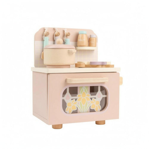 Wooden Play Kitchen Floral Window Mini Toy Cooker Compact for Playroom
