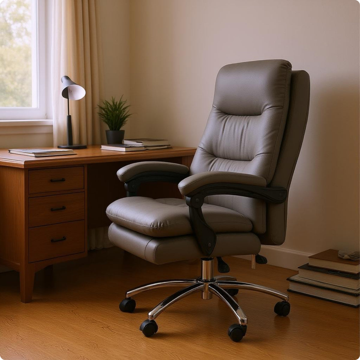 PU Leather Executives Chair Gray High Back Office Chair Upholstered for Study Room