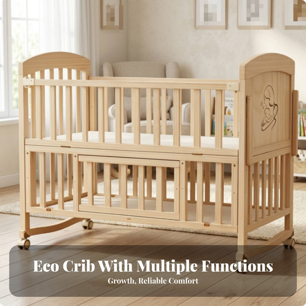 Slatted Wooden Crib Natural Wood Finish Wooden Baby Crib Multi-Functional Enclosed Base