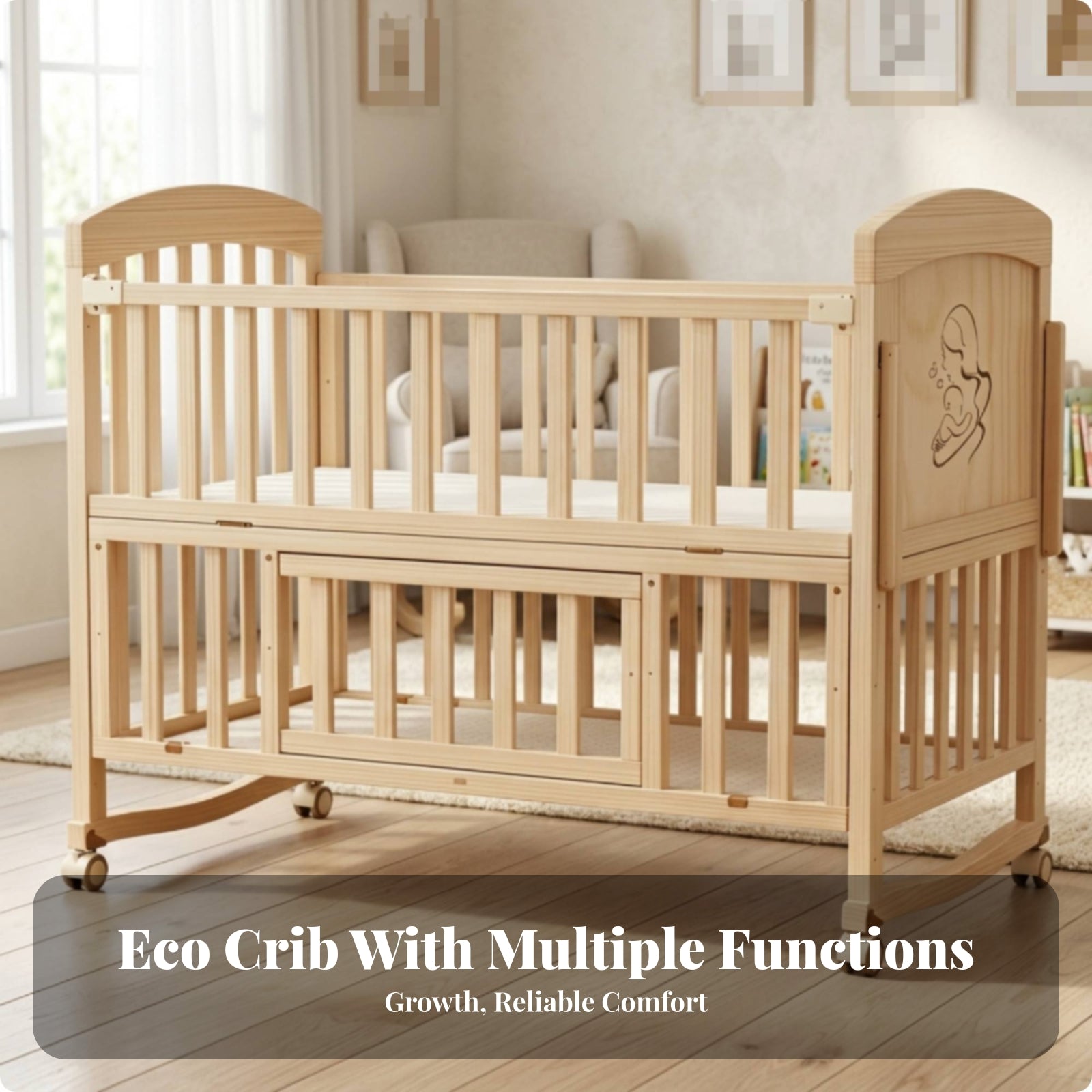 Slatted Wooden Crib Natural Wood Finish Wooden Baby Crib Multi-Functional Enclosed Base