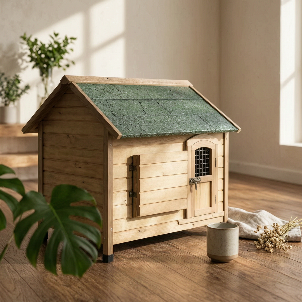 Wooden Dog House Hinged Awning Gabled Rooftop Dog House Slatted Construction for Indoor