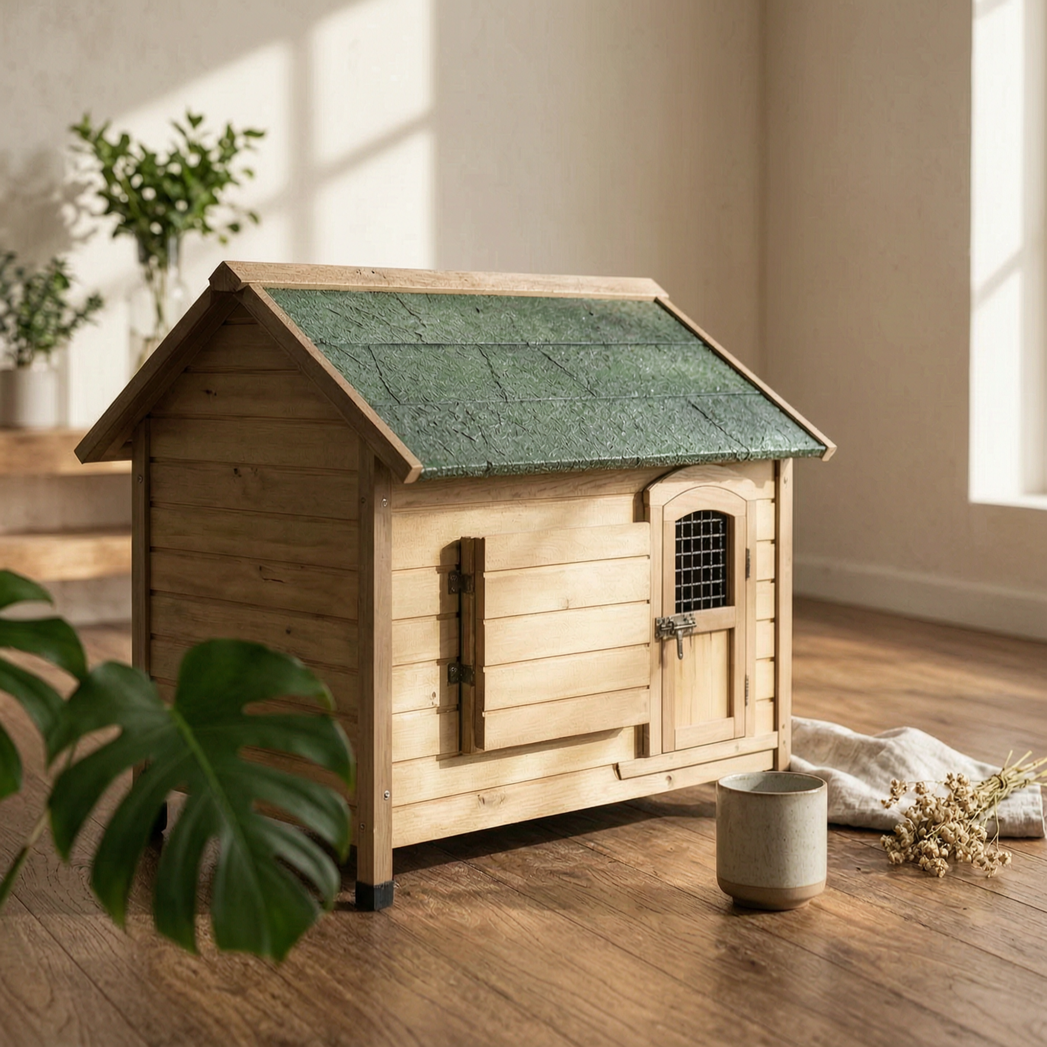 Wooden Dog House Hinged Awning Gabled Rooftop Dog House Slatted Construction for Indoor