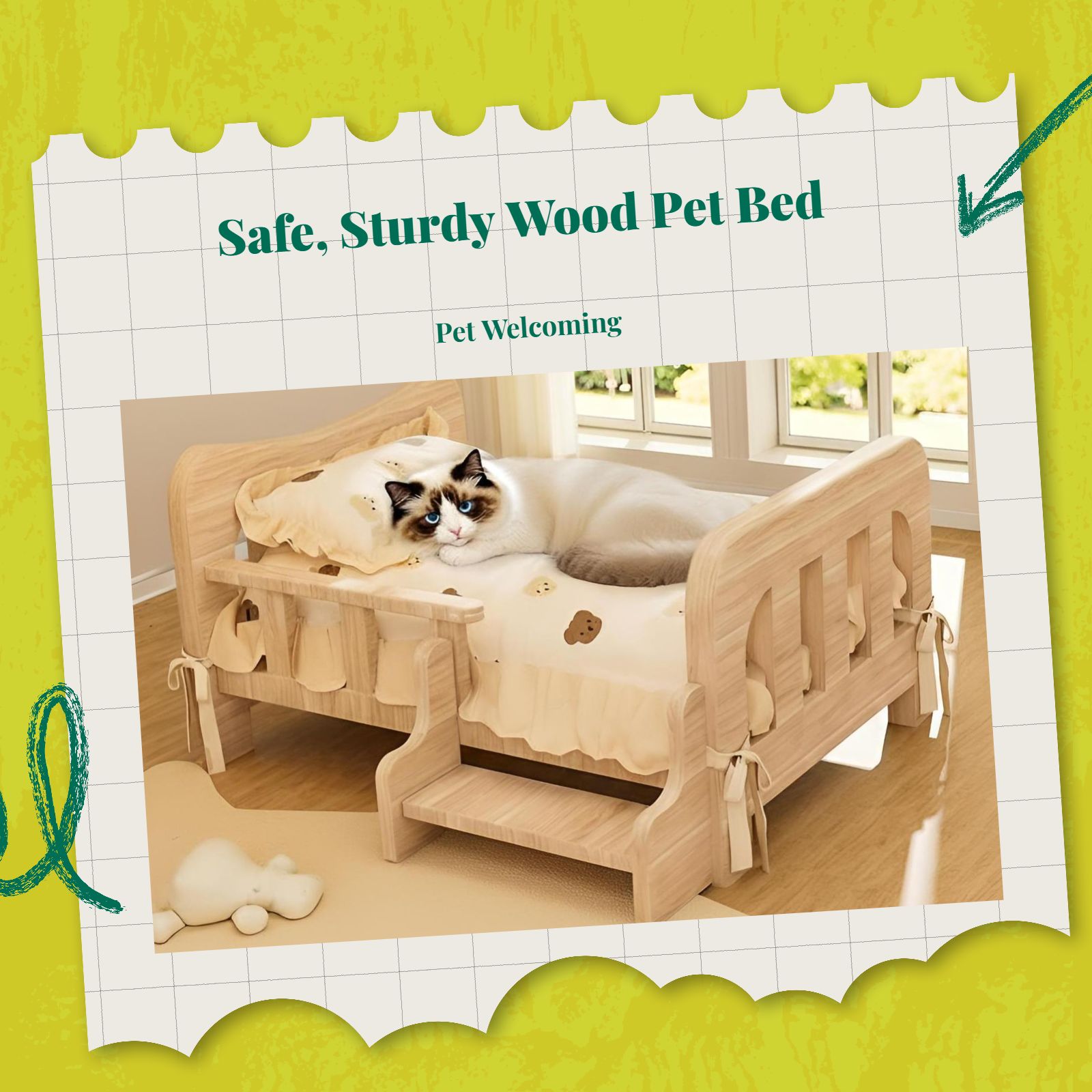Wooden Elevated Dog Bed, Plush Mat, Indoor Comfort