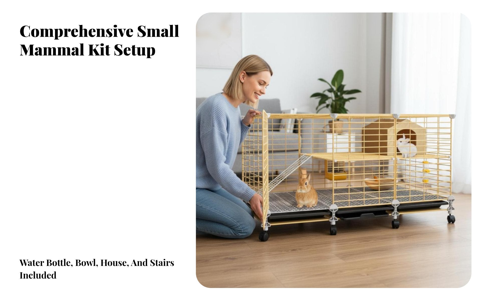 Easy-Clean Tray Indoor Rabbit Enclosure Accessible Able Roof 2-Tier Bunny Hutch Movable Wheels 2-Story Rabbit Hutch DIY Assembly for Families with Pets, Home, Living Room
