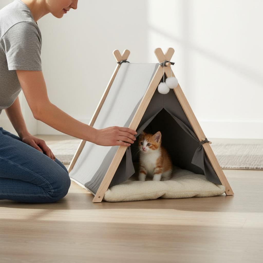 Small Dog Tent House Semi-Enclosed Design Pet Teepee Soft Cushion for Cats