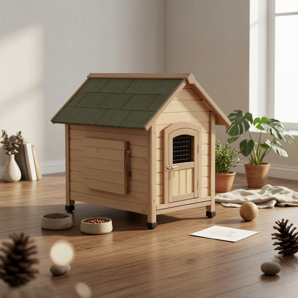 Wooden Dog House Hinged Awning Gabled Rooftop Dog House Slatted Construction for Indoor