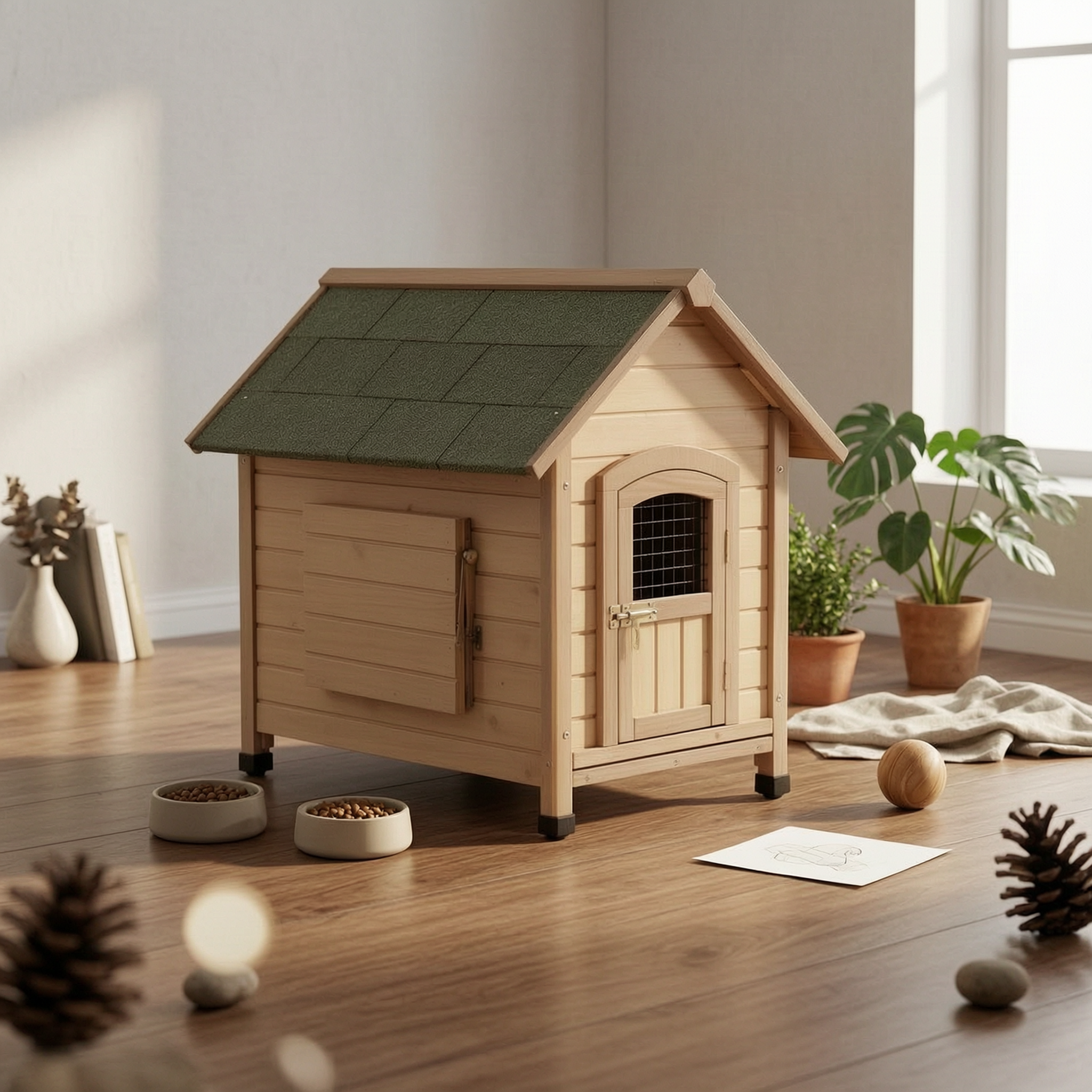 Wooden Dog House Hinged Awning Gabled Rooftop Dog House Slatted Construction for Indoor