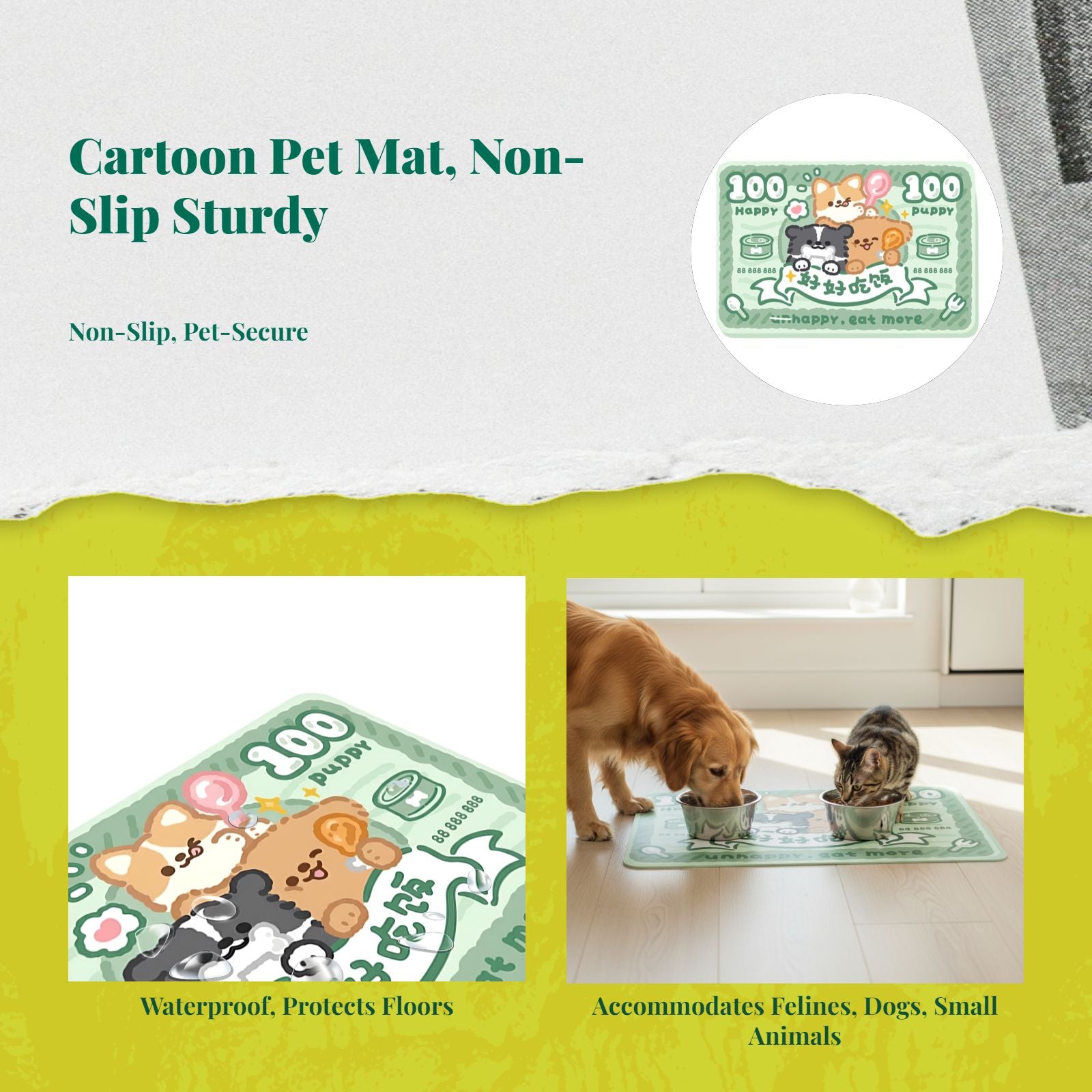 Pet Feeding Mat, Waterproof Cat Placemat, Non-Slip Dog Table Mat, Easy to Clean, Cartoon Print
