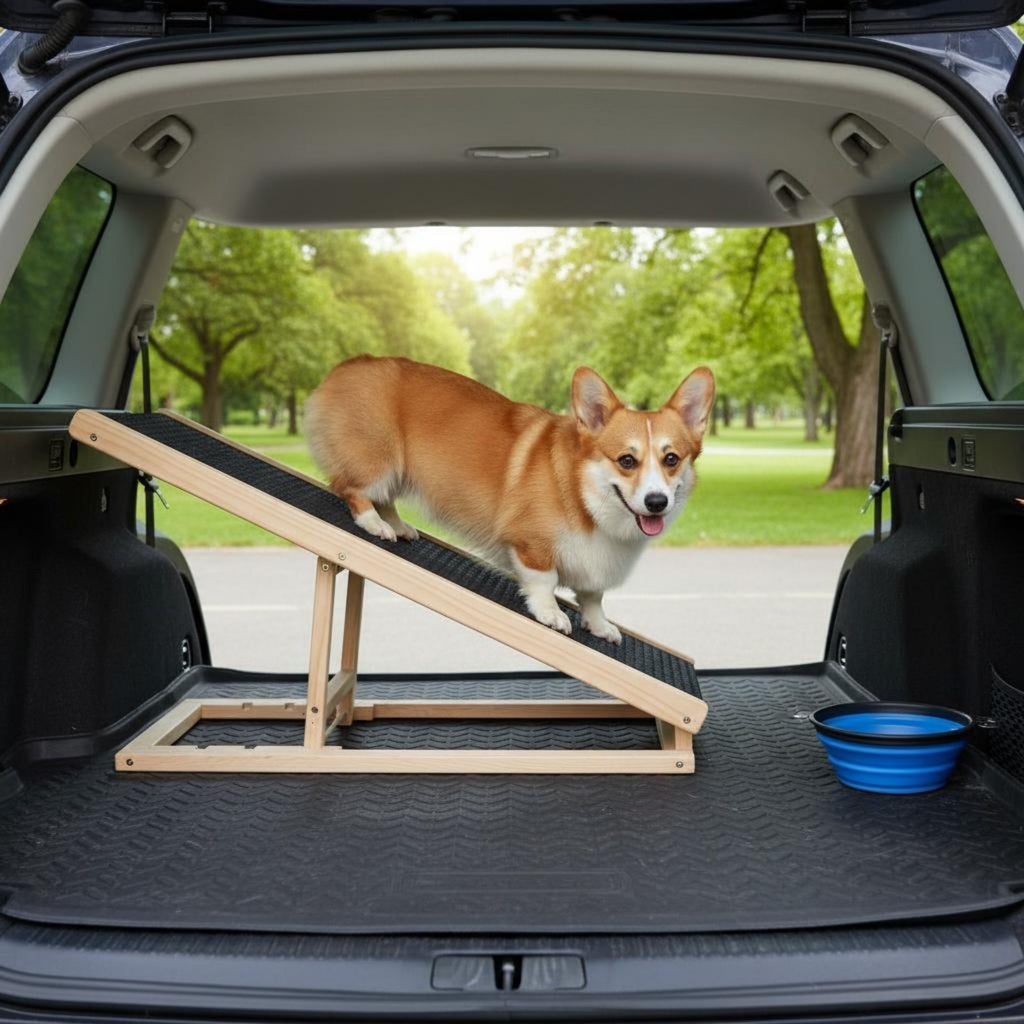 Adjustable Wooden Pet Ramp Sturdy Wood Frame Foldable Dog Stairs Foldable Dog Ramp Strong Load-Bearing Wooden Pet Ladder