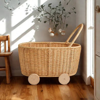 Rattan Toy Cart Handwoven Toy Storage Push Cart Boho Design for Children