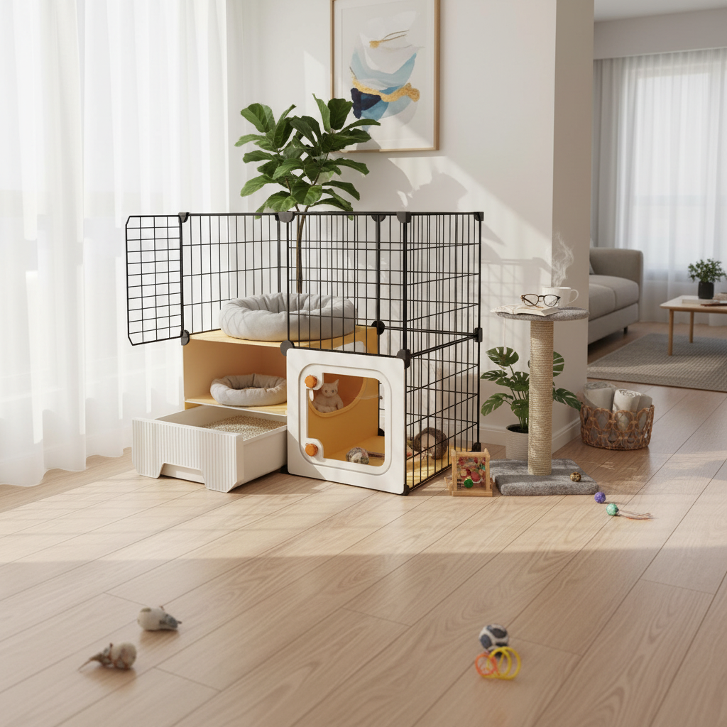 Multi-Level Cat Condo with Litter Box Enclosure Ventilated for Indoors, Bedroom