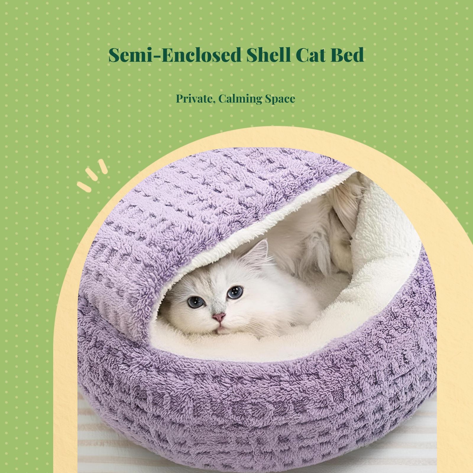 Plush semi-enclosed cat bed, warm, non-slip base, indoor use