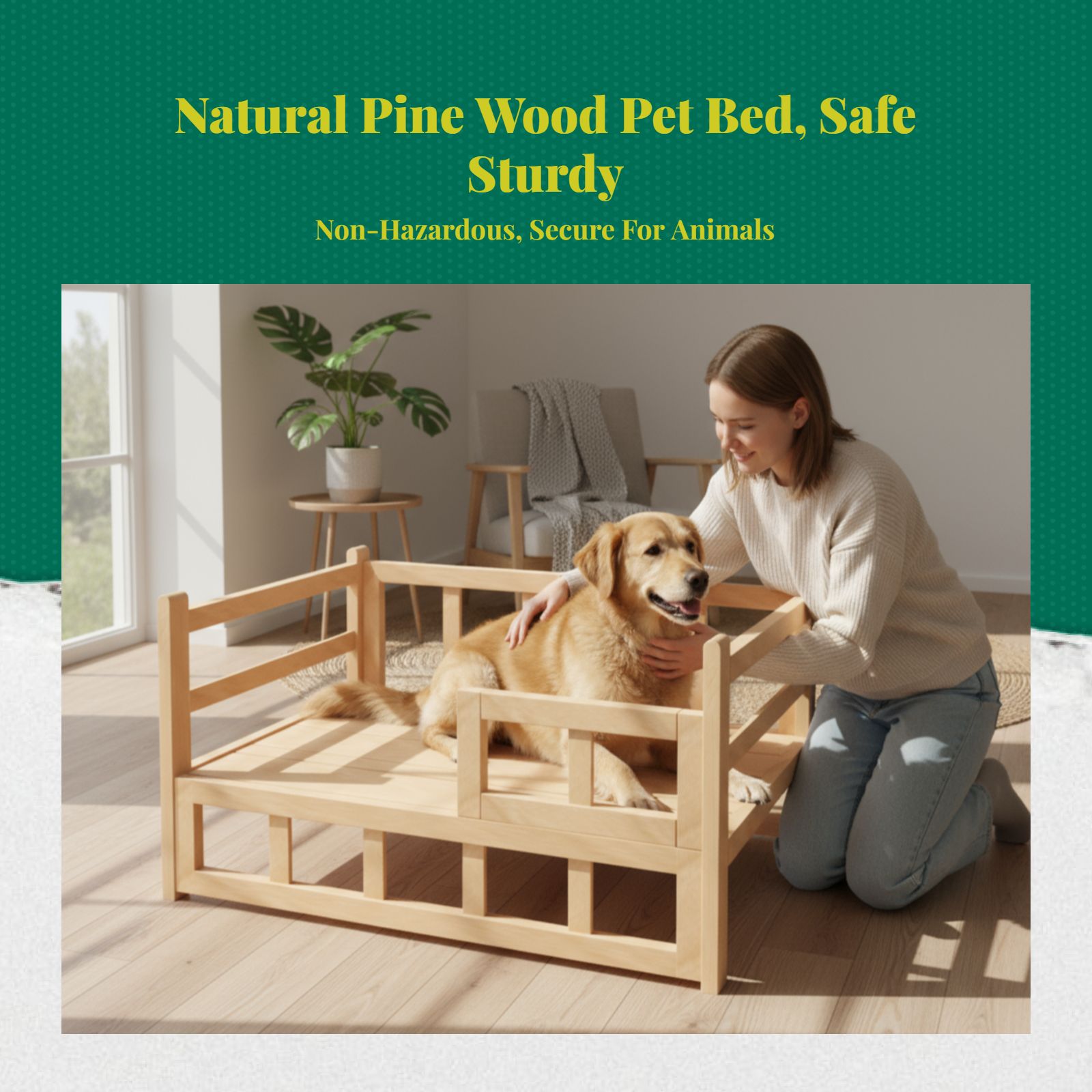 Elevated wooden pet bed, breathable