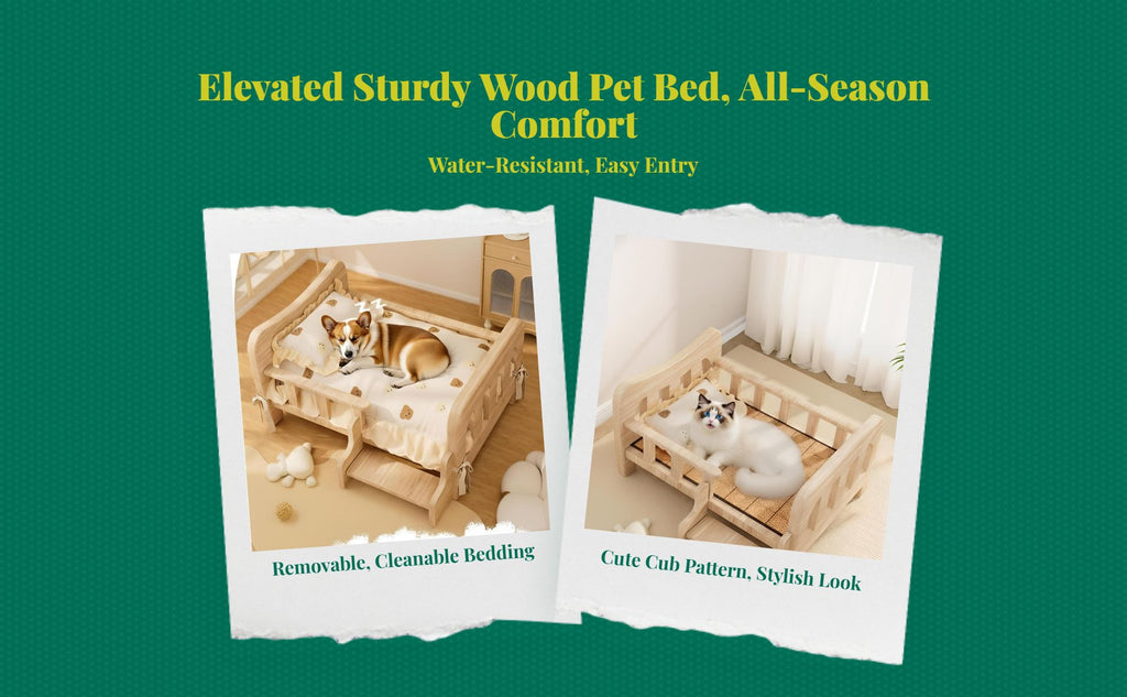 Wooden Elevated Dog Bed, Plush Mat, Indoor Comfort