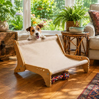 Pet Lounge Bed Slanted Backrest Wooden Feline Sofa Round Cutouts for Indoor