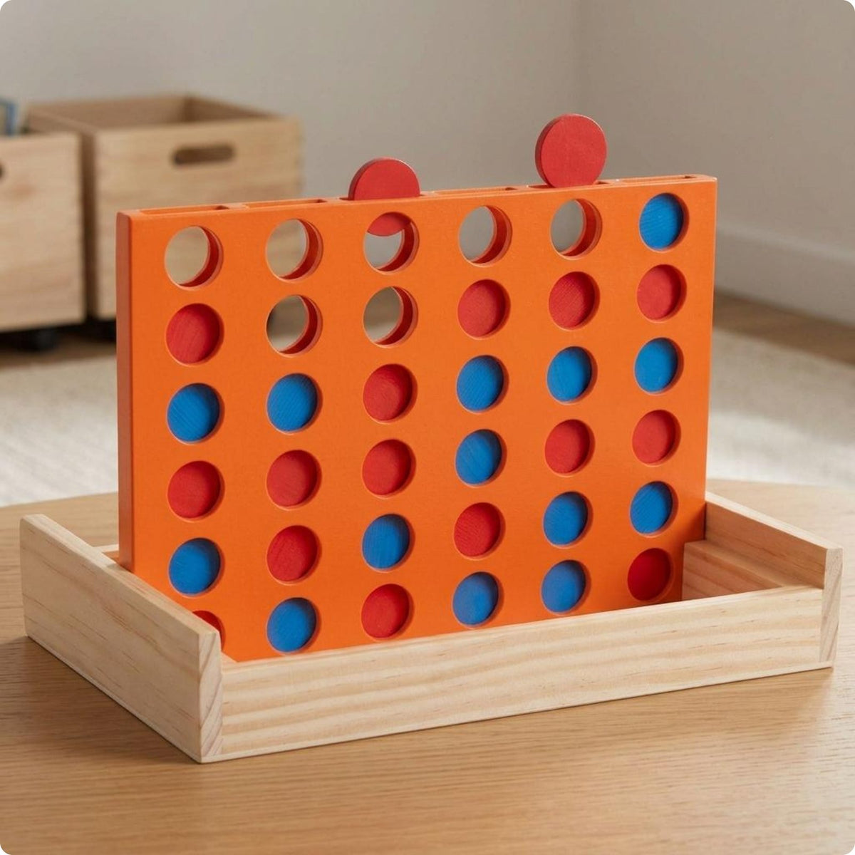 Wooden Connect 4 Set Two-Player 3D Four in a Row Game Natural Wood for Classroom