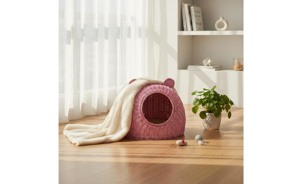Woven Cat Bed Washable Rattan Cat Nest Pet House for Balcony, Patio