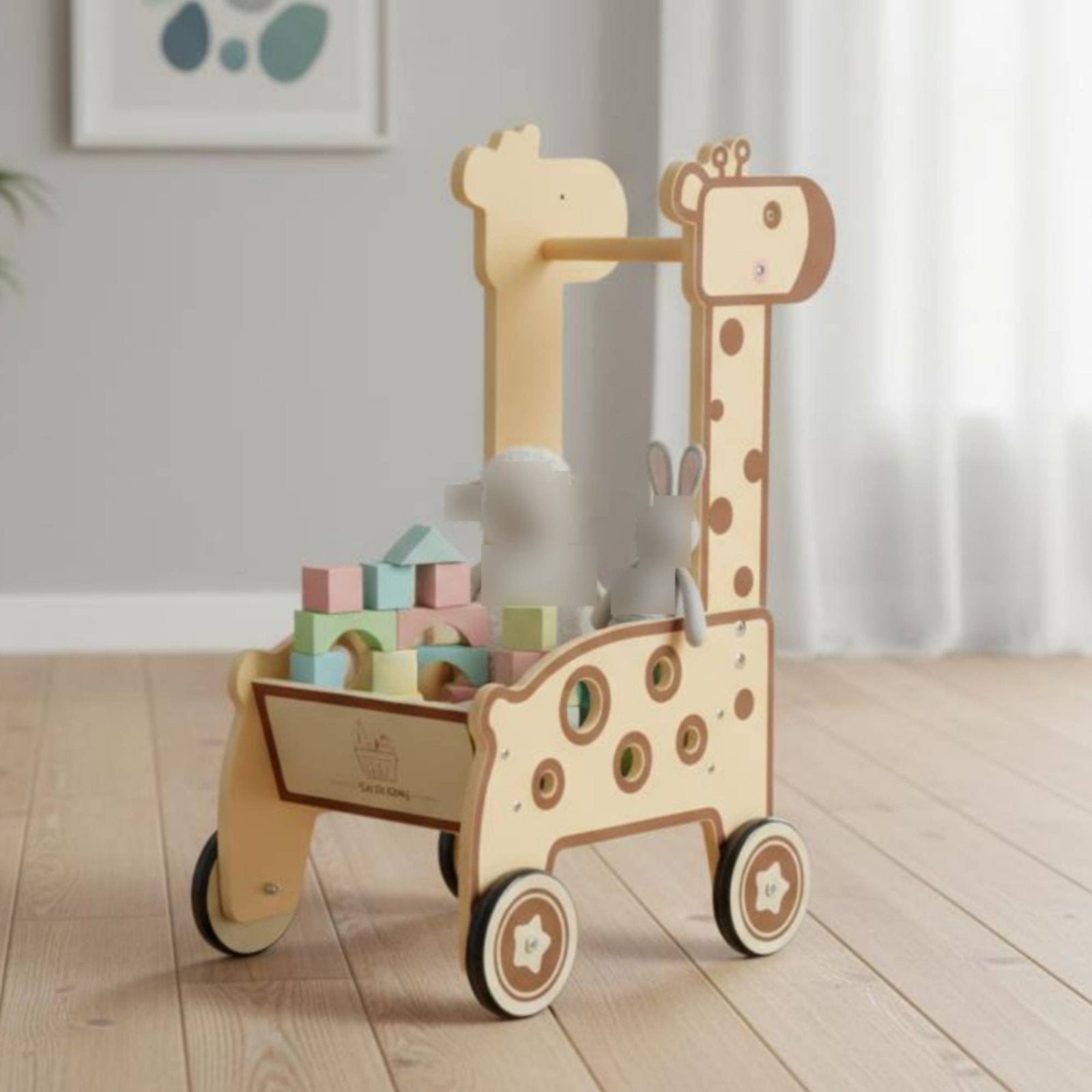 Wooden animal Pusher Educational animal Shopping Cart Sturdy Wood Wooden Shopping Cart for Walking Practice