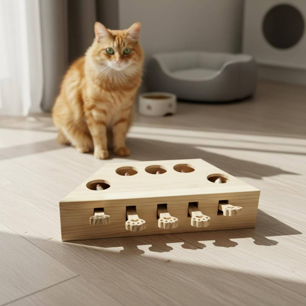 Whack-a-Rodent Feline Toy Natural Wood Feline Whack a Rodent Toy Fun