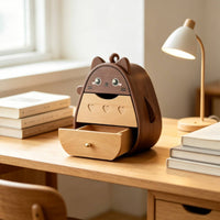 Wooden Desktop Organizer Multi-Layer Drawers Cat Shaped Storage Box Solid Wood Animal Desk Holder for Women, Office