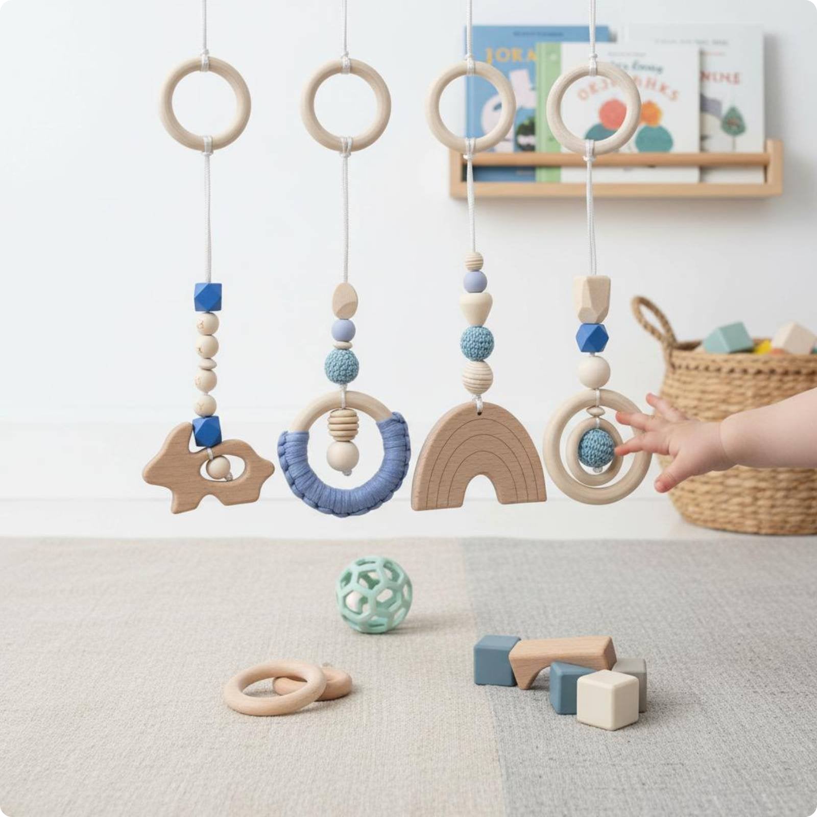 4 Pieces Wooden Baby Gym Toy Set Rainbow Wooden Infant Activity Gym for Crib