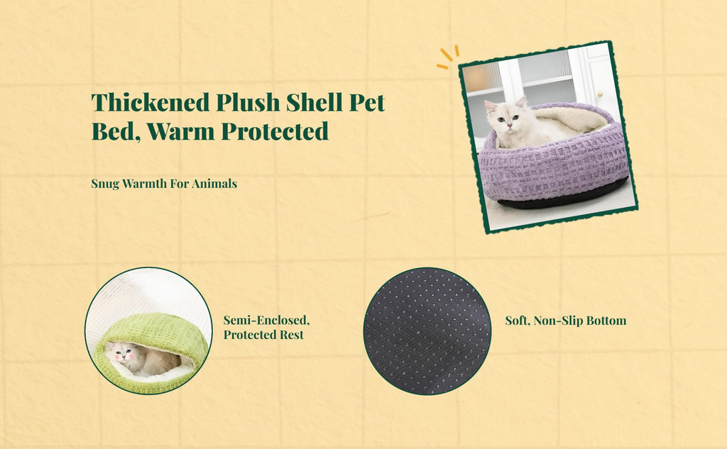 Plush semi-enclosed cat bed, warm, non-slip base, indoor use