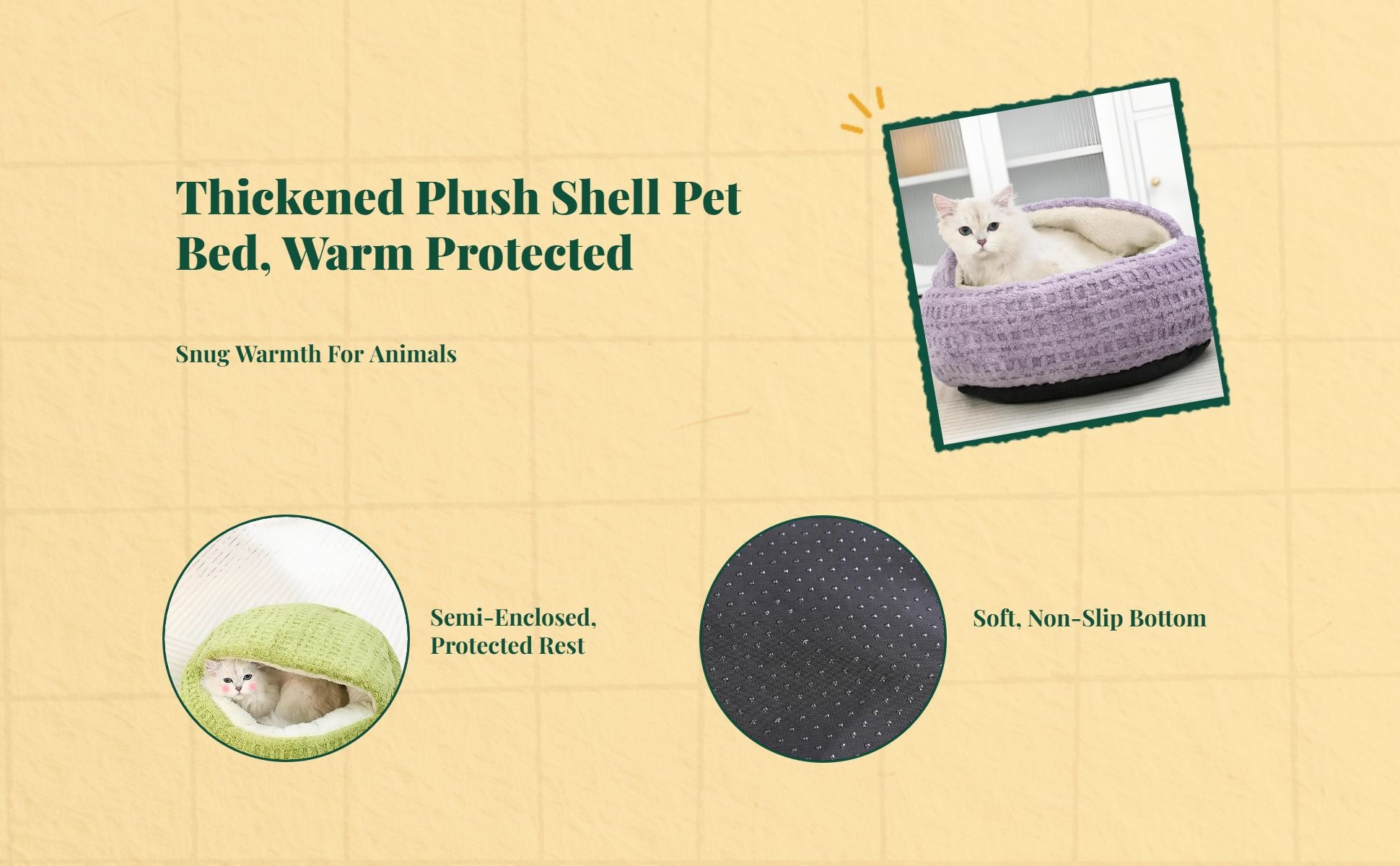 Plush semi-enclosed cat bed, warm, non-slip base, indoor use
