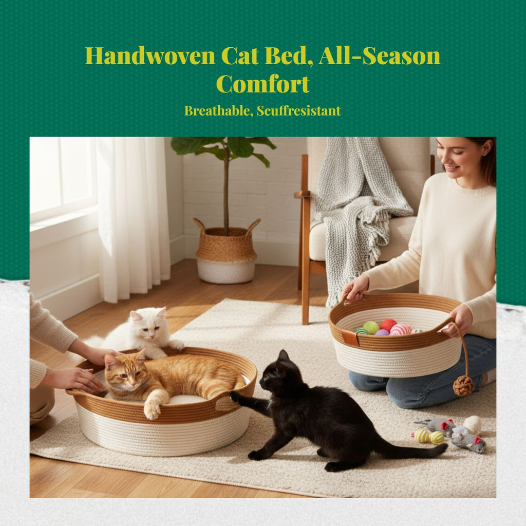 Cat Bed, Woven Basket, All-Season, Scuff-Resistant, Washable