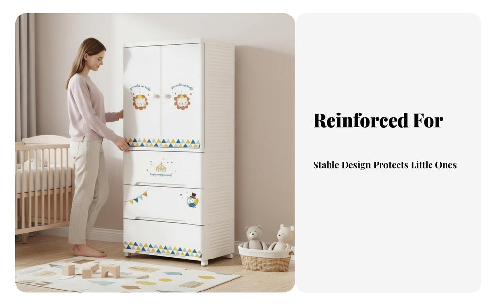 Wheeled kids' wardrobe Rounded Corners Storage Cabinet Cute creature Design Lockable Top Drawer for Children, Infants