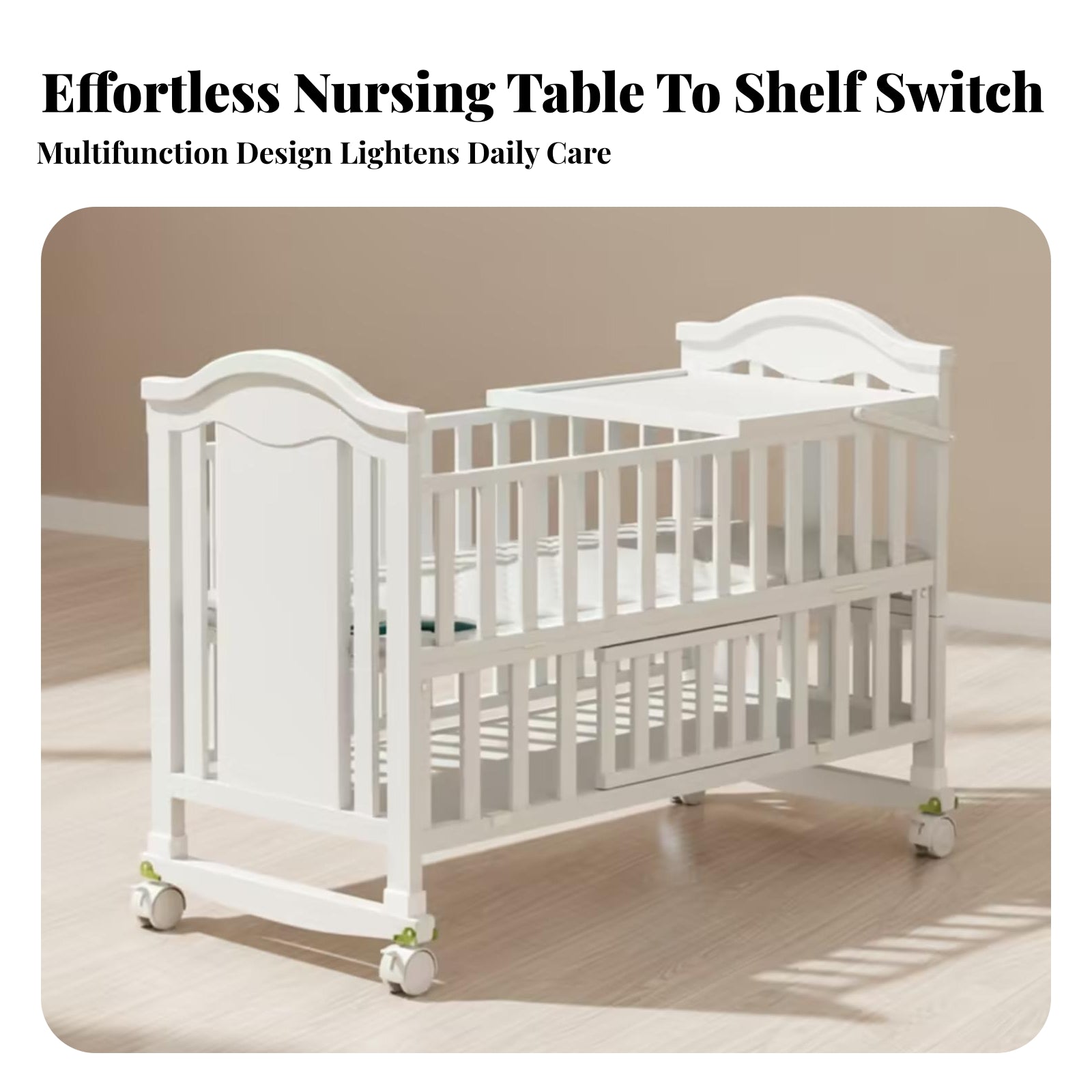 White Wooden Baby Crib Wheeled Crib on Wheels Mattress Included Nursery Bed Curved