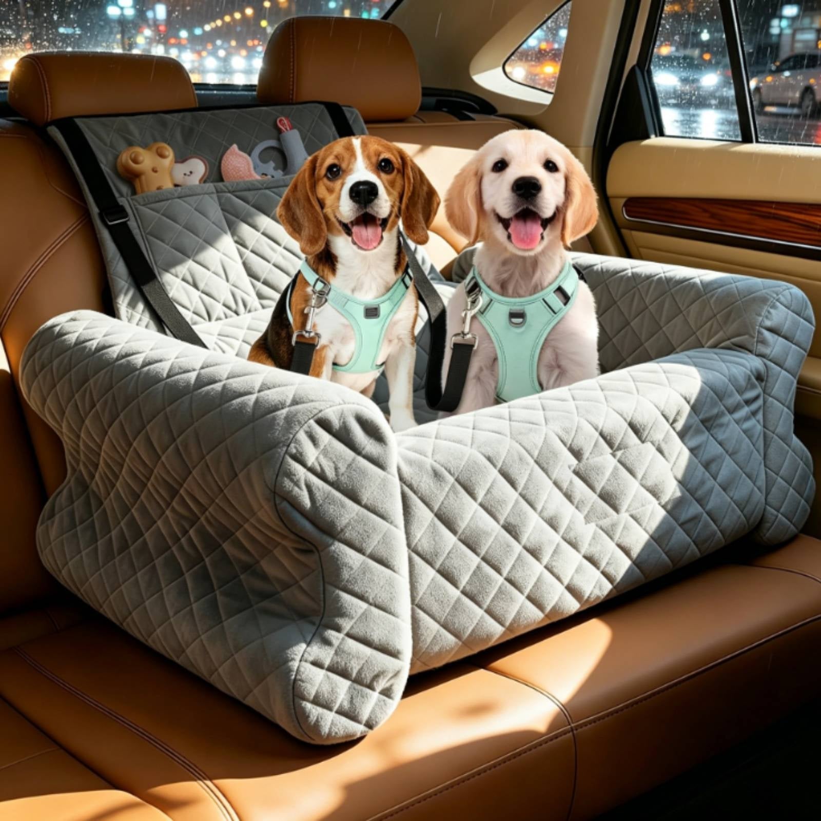 Dog Car Booster Bed Removable Washable Cover Puppy Vehicle Pet Bed Thick Seatbelt Straps Lookout Booster for Road Trips