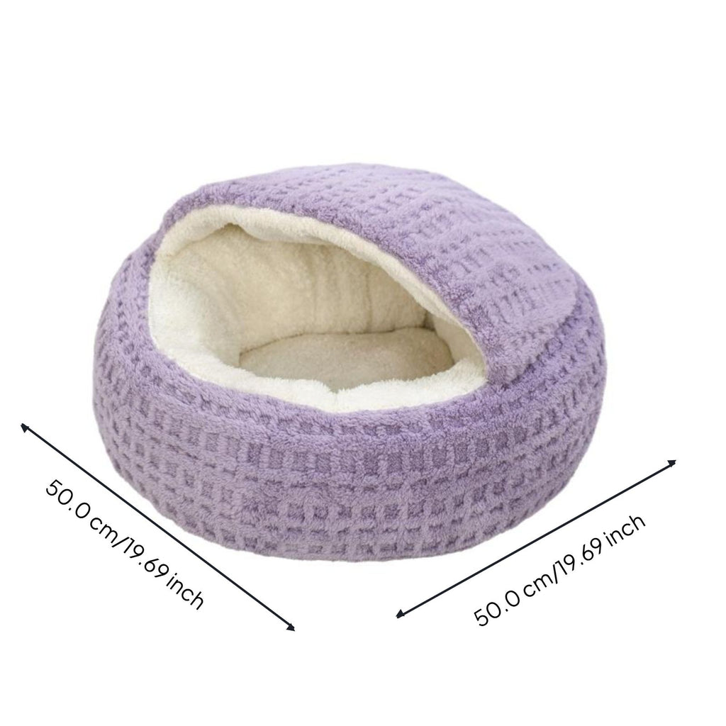 Plush semi-enclosed cat bed, warm, non-slip base, indoor use