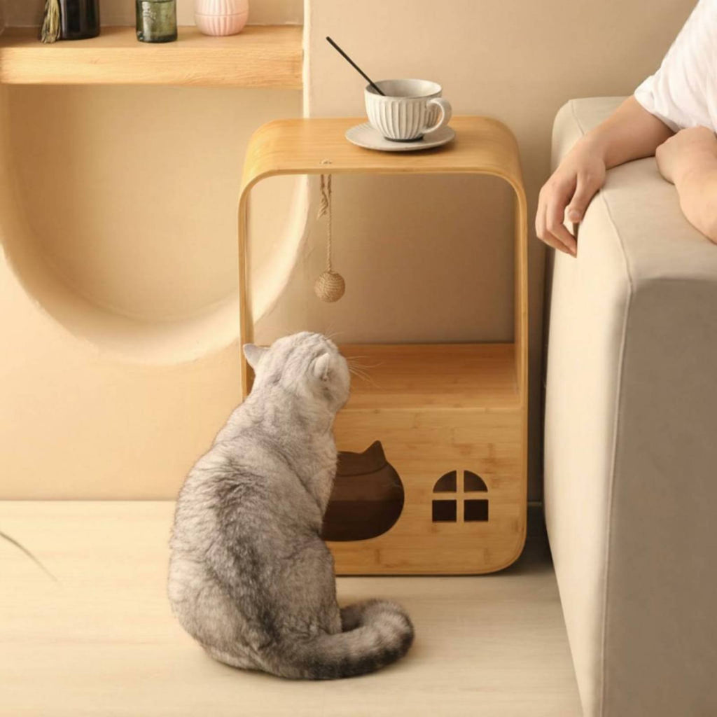 Wooden Cat House Cabinet 2-in-1 Cat Design Condo Cabinet Space-Saving Animal Furniture for Living Room