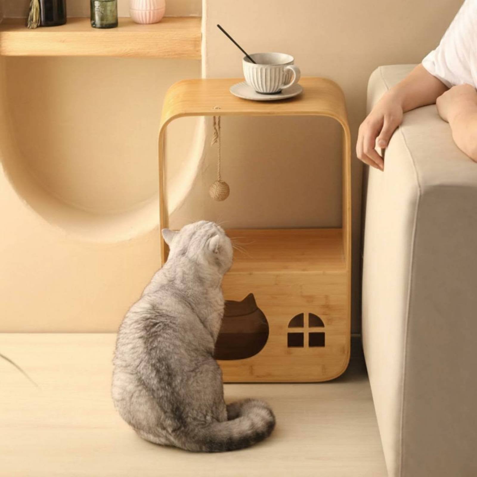 Wooden Cat House Cabinet 2-in-1 Cat Design Condo Cabinet Space-Saving Animal Furniture for Living Room