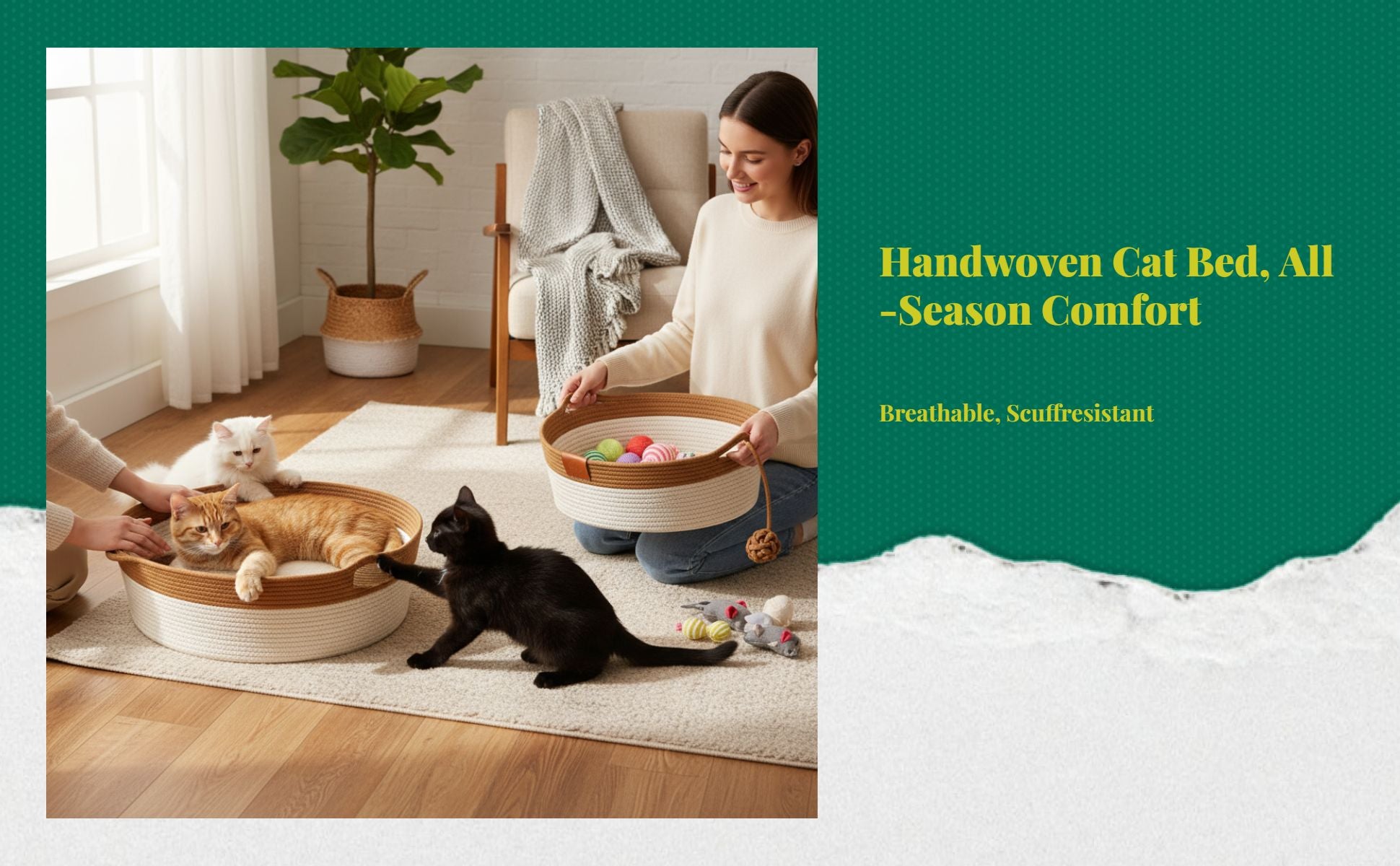 Cat Bed, Woven Basket, All-Season, Scuff-Resistant, Washable