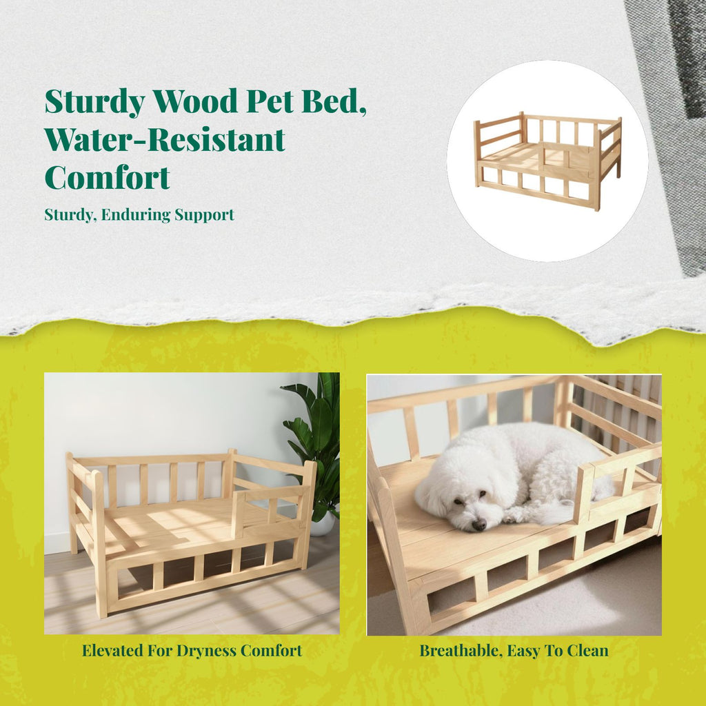 Elevated wooden pet bed, breathable