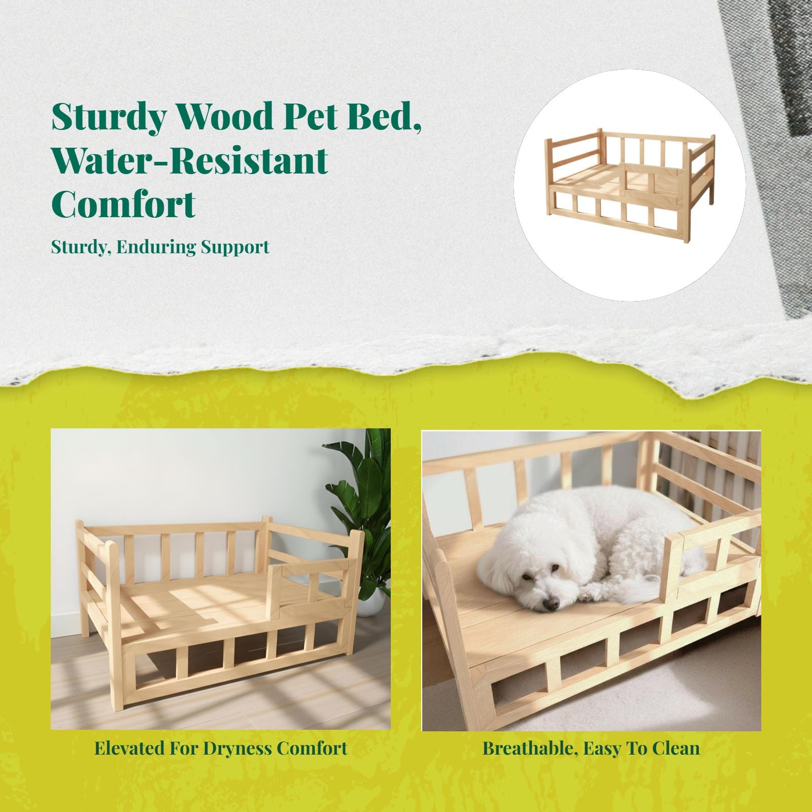 Elevated wooden pet bed, breathable
