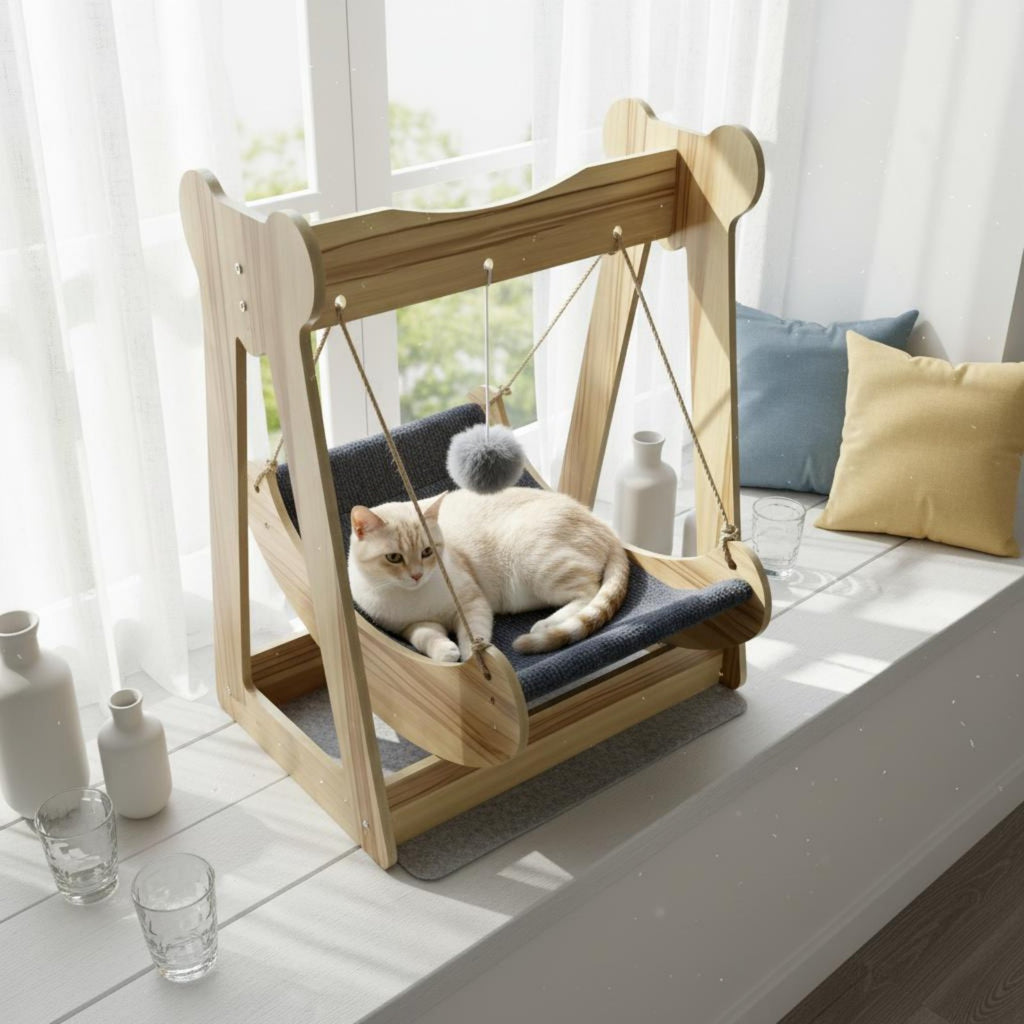 Cat Hanging Hammock Bed Elevated Cozy Nest Wooden Suspended Cat Bed Easy to Clean Animal Furniture for Cats