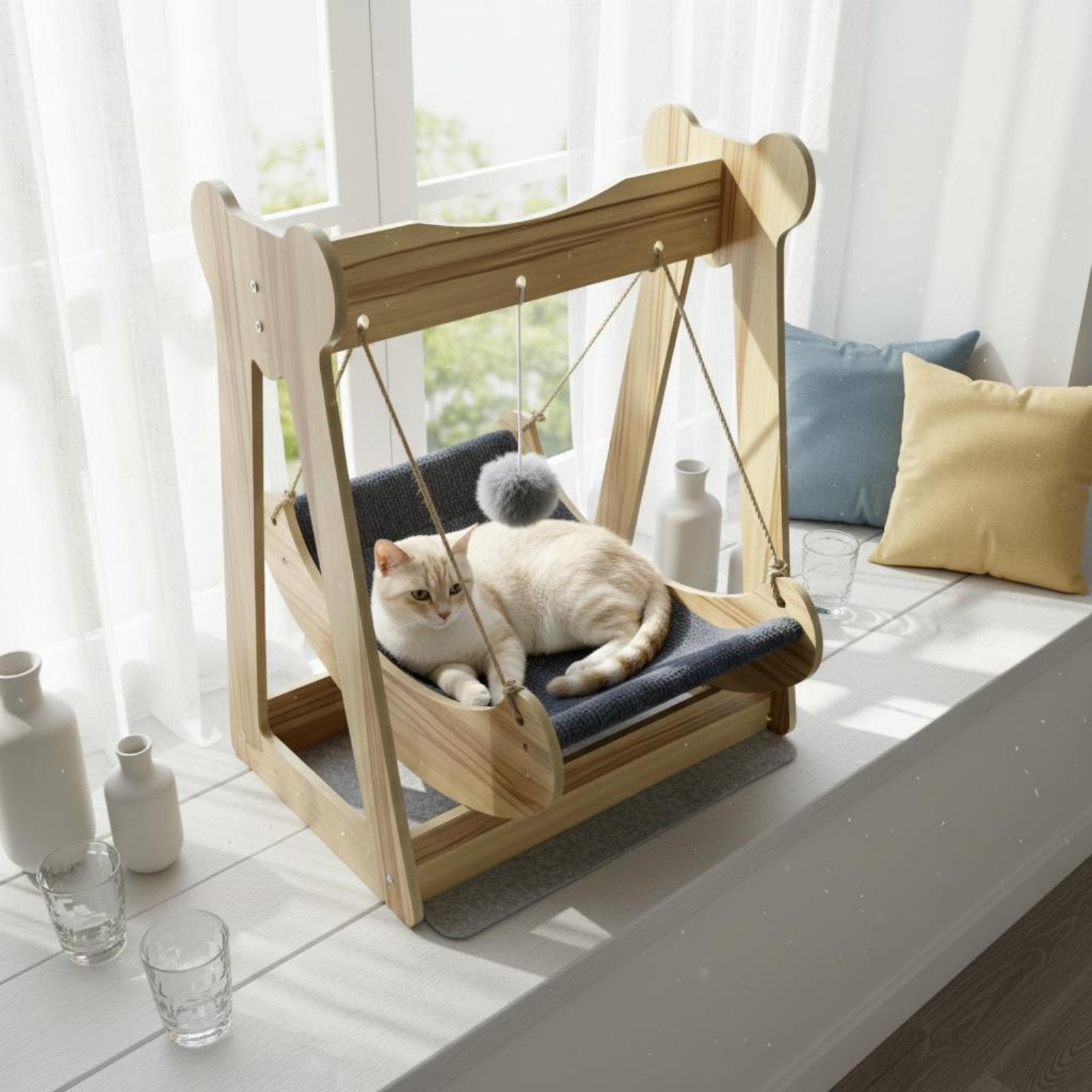 Cat Hanging Hammock Bed Elevated Cozy Nest Wooden Suspended Cat Bed Easy to Clean Animal Furniture for Cats