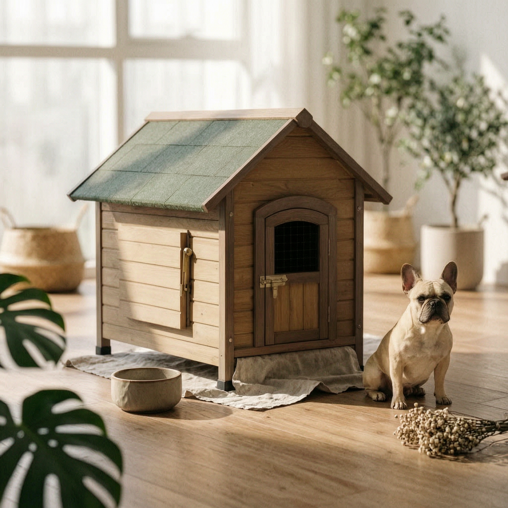 Wooden Dog House Hinged Awning Gabled Rooftop Dog House Slatted Construction for Indoor