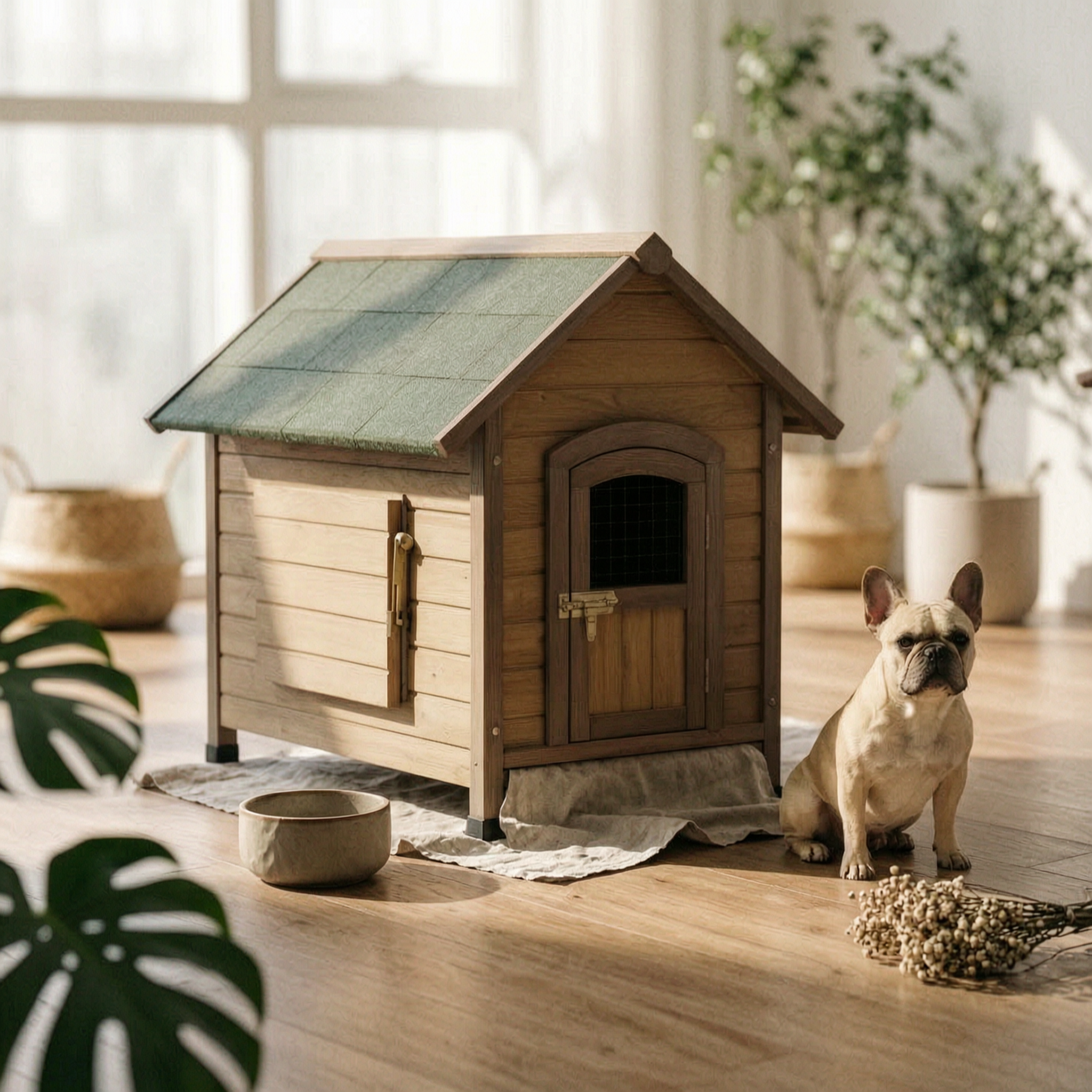 Wooden Dog House Hinged Awning Gabled Rooftop Dog House Slatted Construction for Indoor