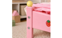 Pink Wooden Doll Bed Curved Headboard Pretend Play Bed Four-Post Small Furniture Strawberry and Rabbit Print for Children