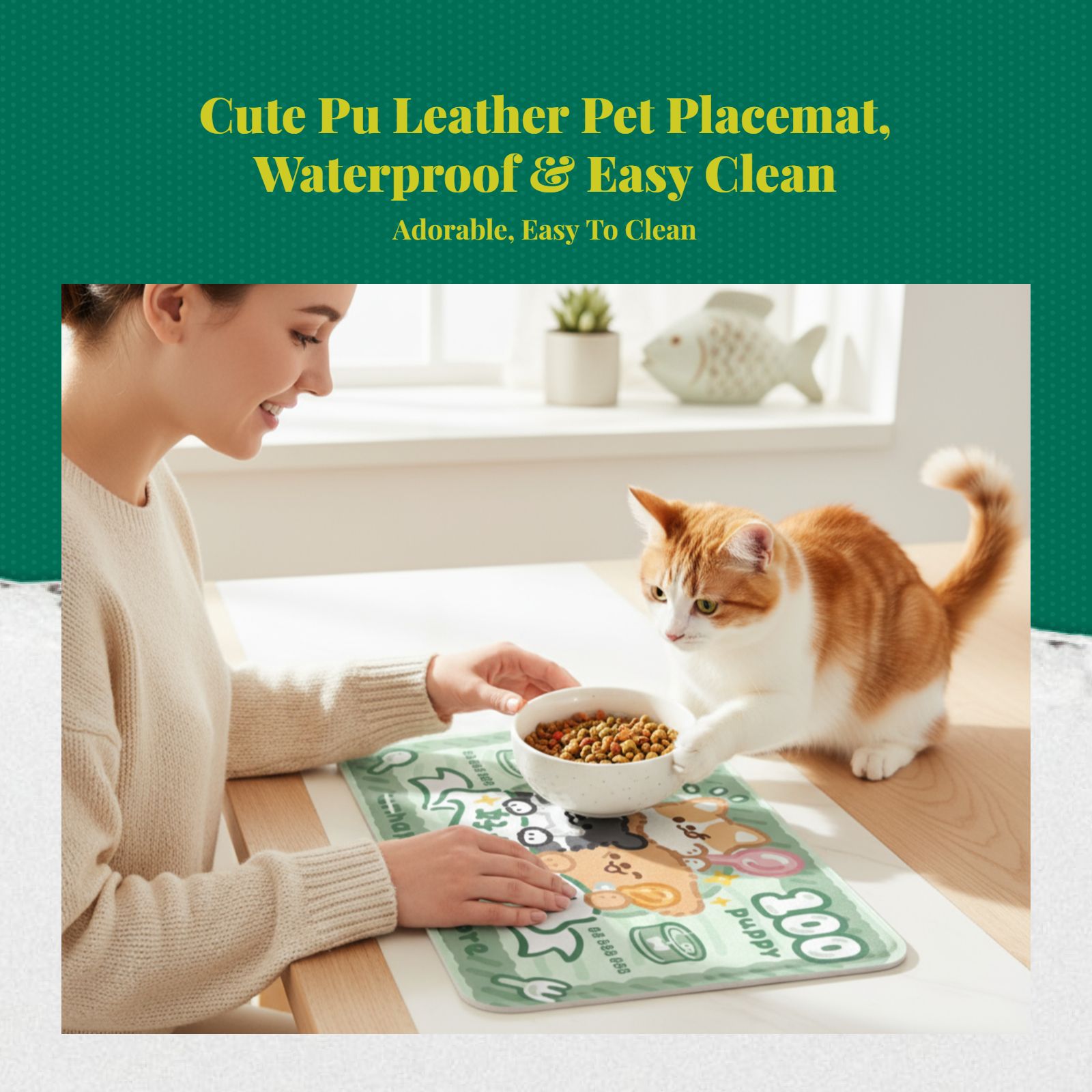 Pet Feeding Mat, Waterproof Cat Placemat, Non-Slip Dog Table Mat, Easy to Clean, Cartoon Print