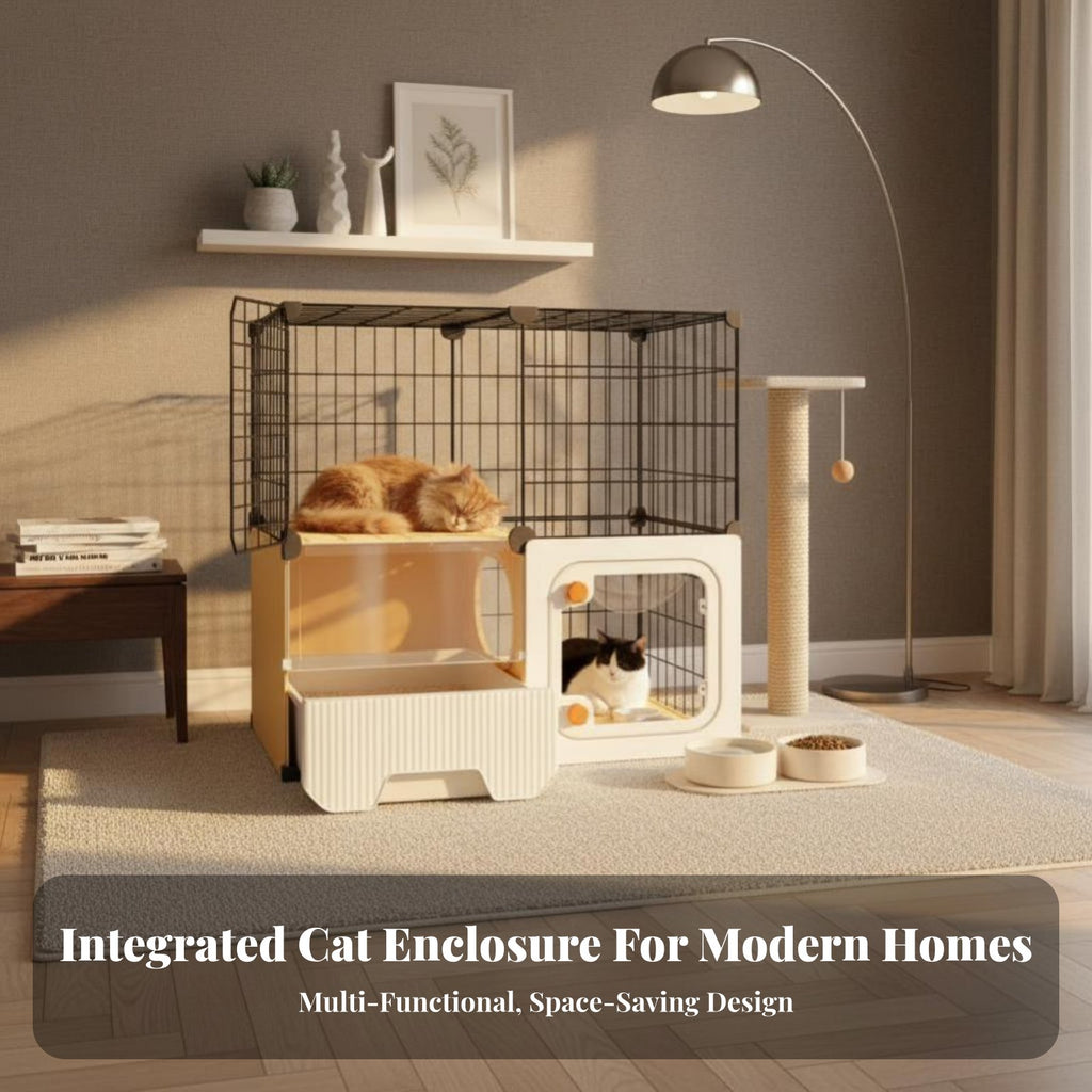 Multi-Level Cat Condo with Litter Box Enclosure Ventilated for Indoors, Bedroom
