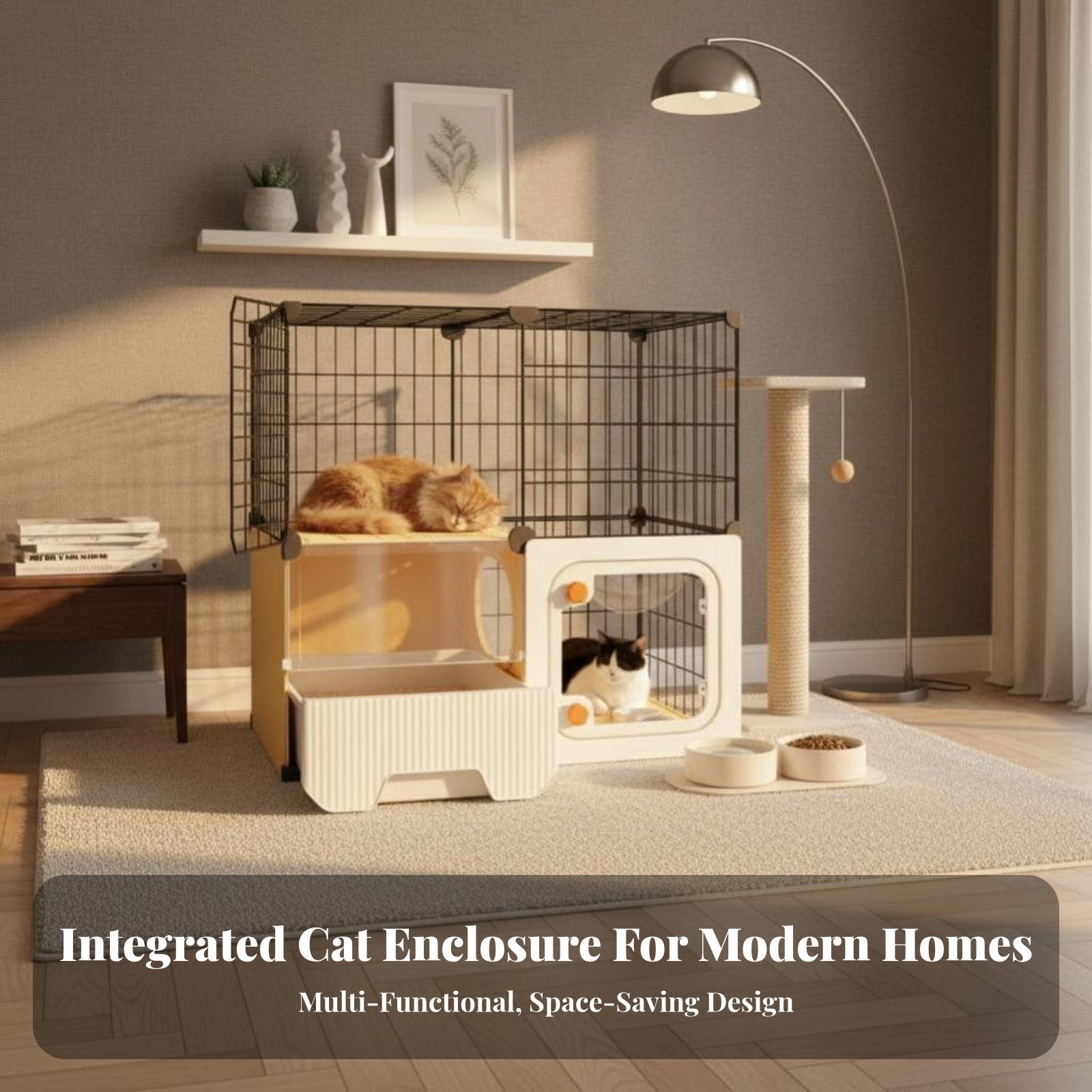 Multi-Level Cat Condo with Litter Box Enclosure Ventilated for Indoors, Bedroom