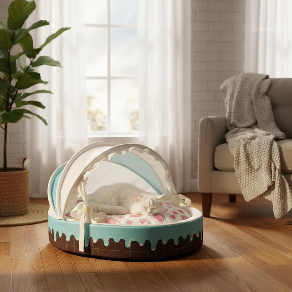 Ice Cream Pet Bed Reversible Cushion Round Feline Dog Bed for Young Dogs