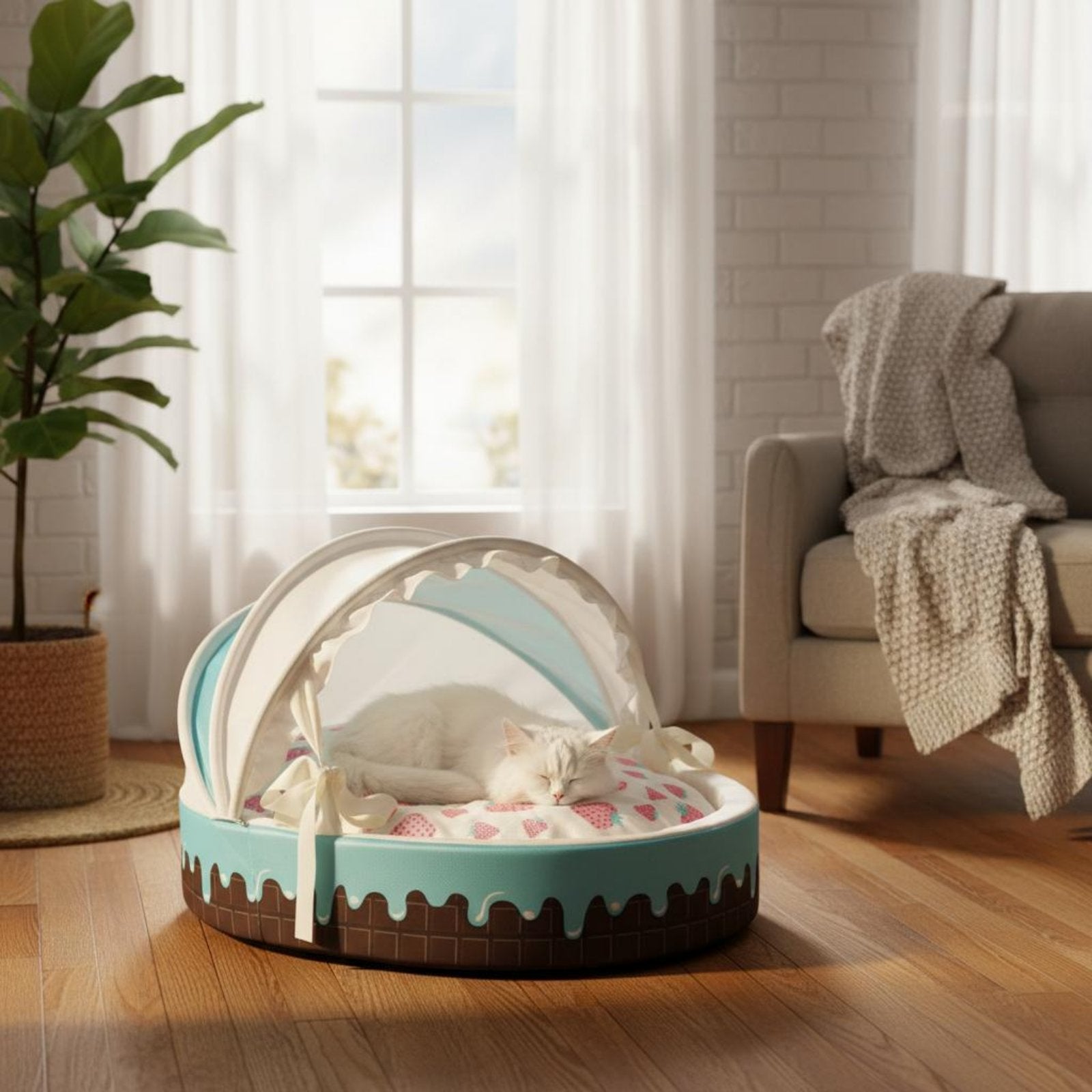 Ice Cream Pet Bed Reversible Cushion Round Feline Dog Bed for Young Dogs