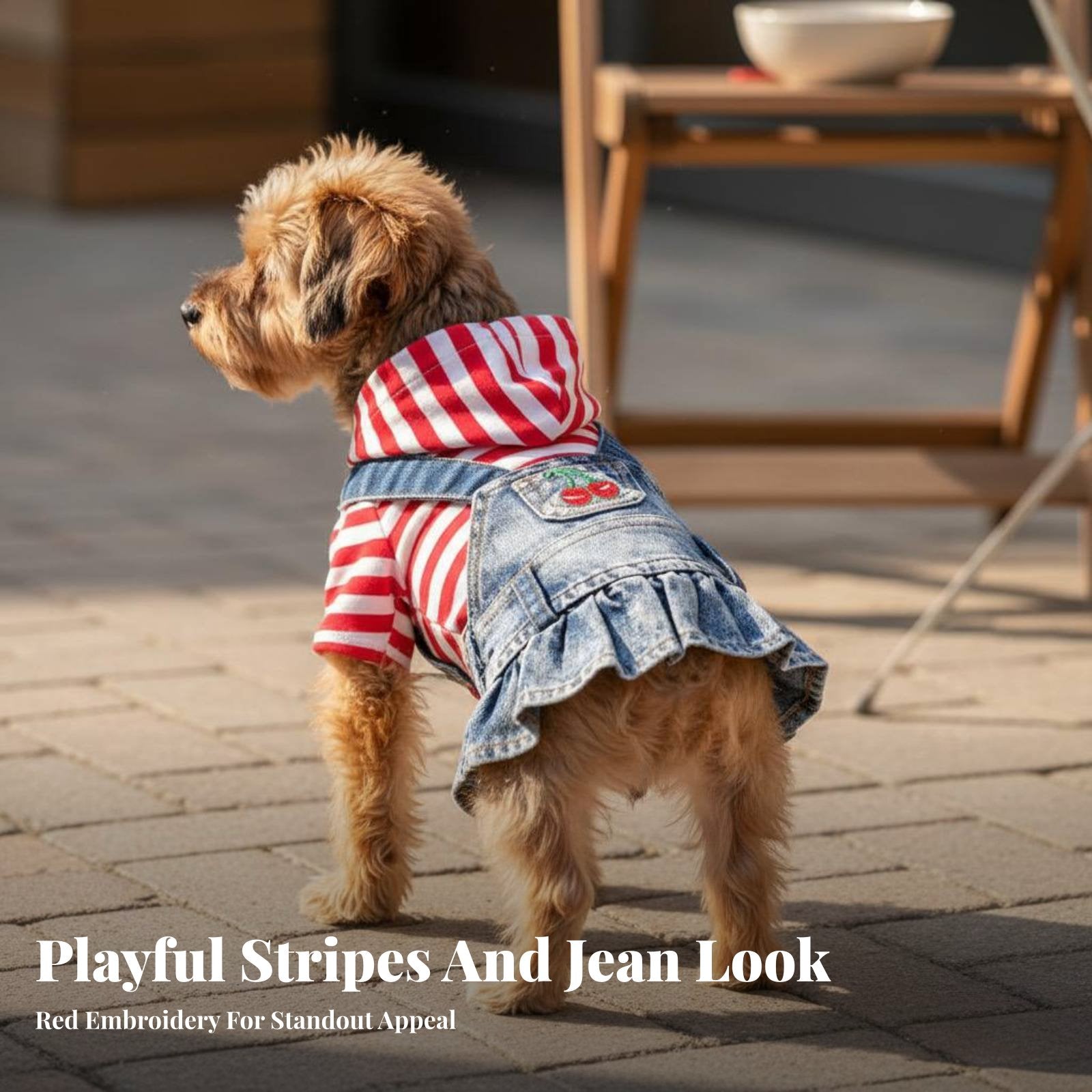 Ruffled Hem Denim Dog Dress Comfortable Fit Puppy Cherry Embroidered Skirt Layered Look for Dogs, Daily Wear, Special Occasions, Parties