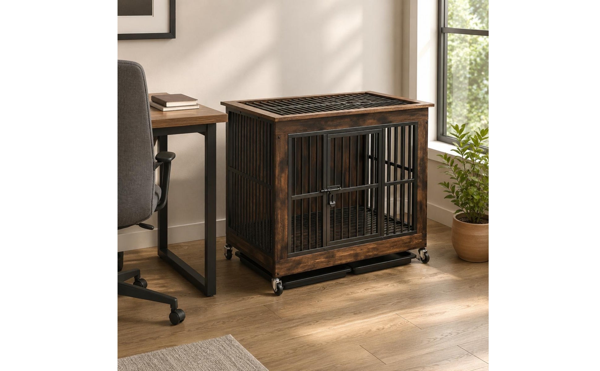 Dog Crate Furniture Space Saving Wood Metal Dog Crate Anti Getaway