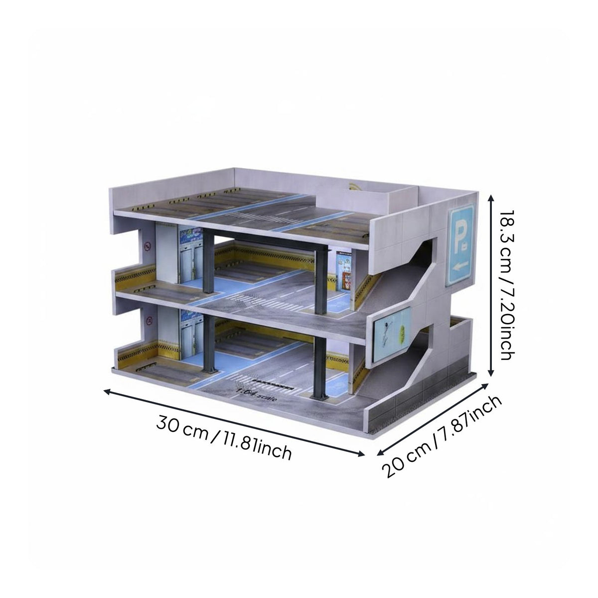 1:64 Scale Parking Garage Model LED Lighting Japanese Parking Building Model USB Powered Car Display Case for Desk